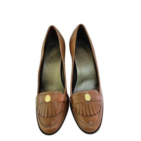 Talbots NWT Stunning Y2K Caramel Leather Fringe Logo Heels Size 10B - Picture 3 of 8